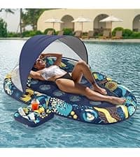 Sunikko X 3-in-1 Pool Floats with Canopy Cup Holder, Tanning Pool Large 73" x 48" Float Adult Heavy Duty, Inflatable Lounger Raft Floating Chair with Backrest, Swimming Pool Lake Beach Party