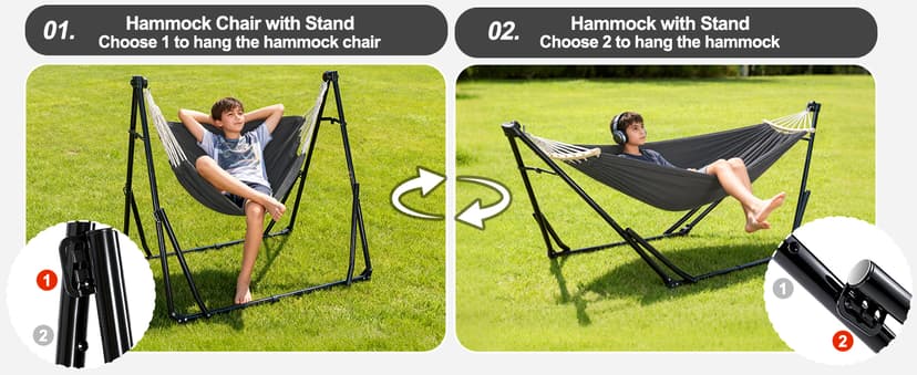 2-in-1 Hammock & Swing Chair for Teens – Adjustable Folding Chair with Collapsible Steel Stand, Portable for Camping, Travel, Patio & Indoor Use, Includes Carrying Case, Supports 440 LBS