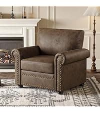 ONBRILL Faux Leather Sofa, 84 Inches Nailhead Trim Couch for Living Room, Mid-Century Modern Deep Seat Sofa with Rolled Arms, Classic 3 Seater Couch for Apartment, Office, Brown