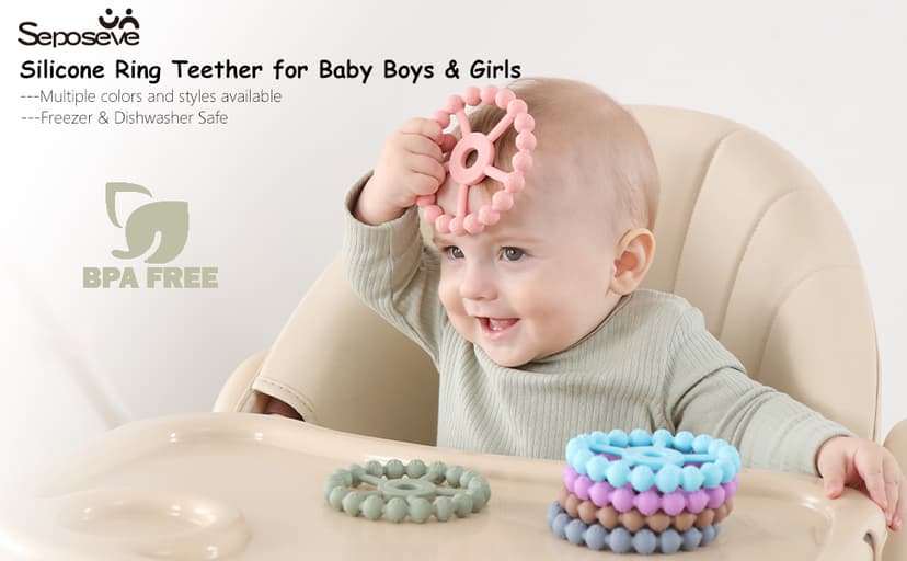 3 Pack Ring Teether Baby Infant Toys, Baby Essentials, Silicone Teething Ring Toys for Babies 0-6 Months, Seposeve Toddler Teethers 6-12 Months 12-24 Months, Infant Teething Relief, Purple Pink White