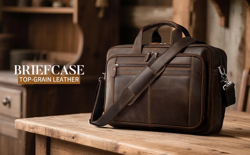 Augus Business Travel Briefcase Genuine Leather Duffel Bags for Men Laptop Bag fits 15.6 inches Laptop YKK Metal Zipper (Dark brown)