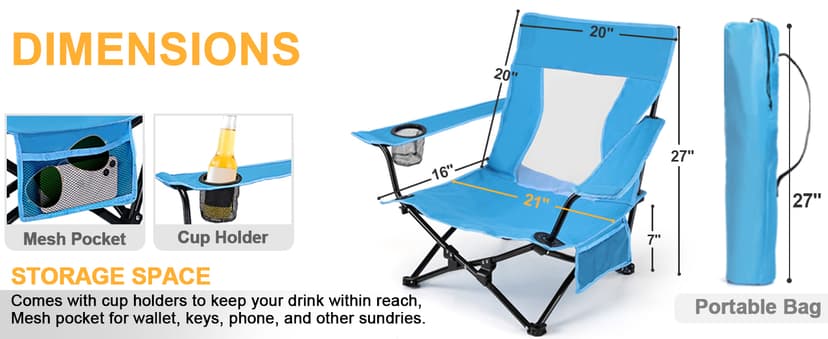 Joyfair Beach Camping Chair (2 Pack), Outdoor Folding Lawn Chair for Adult, Heavy Duty Portable Chair with Armrest for Outside Fishing, Sport, Cup Holder & Storage Pocket, Carry Bag (Blue, Classic)