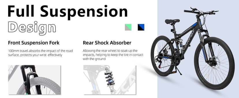 Mountain Bike 24/26/27.5 Inch,Full Suspension, 21-Speed Disc Brake,Carbon Steel Adult Sport Bicycle for Mens Womens
