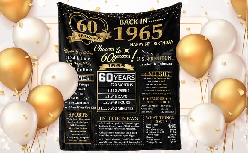 60th Birthday Gifts for Women, 1965 Blanket with Gift Box, Gifts for 60 Year Old Women, Happy 60 Birthday Gifts Ideas, for Woman Turning 60 Decorations 60"x50"