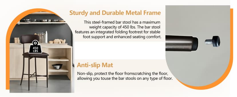 26.3 Inch Counter Height Bar Stools, Modern Counte Stools with Backrest,Counter Height Chairs with Leather Seat, Sturdy Frame and Footrests for Kitchen Island, Dining Room, Counter,Dark Gray