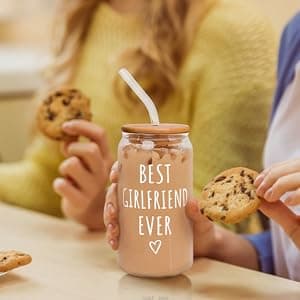 Gifts for Girlfriend - Girlfriend Gifts for Women - Anniversary, Valentines, Birthday Cup for Her - Romantic Love Glass for Her - 16 Oz Can Glass with Lid, Straw & Brush