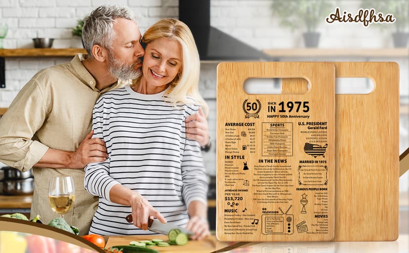 50th Wedding Anniversary Cutting Board Gifts for Women Men Marriage Gifts for Couple 1975 Poster Back In 1975 50th Anniversary Decorations 100% Organic Bamboo Pre Oiled 11"L x 7"W x 0.5"Th