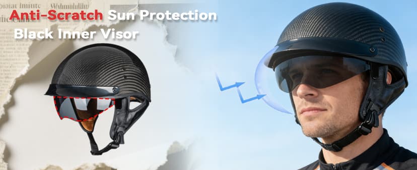 VCOROS Carbon Fiber Open Face Retro Motorcycle Helmets Men Women Half Face Helmets for Motorbike Cruiser Chopper Moped Scooter ATV (Gloss Black, L)