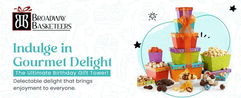 Broadway Basketeers Birthday Gift Basket Tower – Snack Boxes with Gourmet Cookies, Chocolates & Popcorn – Happy Birthday Gifts for Women, Mom, Sister, Friends & Coworkers