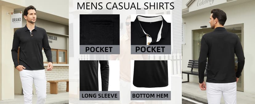 Qekoma Men's Casual Polo Shirts Classic Button Basic Long Sleeve Shirt Solid Color Cotton Tees Stylish Tops