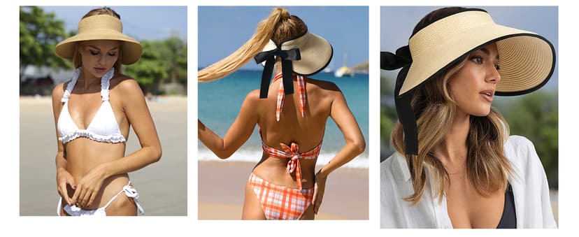 Camptrace Sun Visors for Women Wide Brim Beach Hat Foldable Straw Visor Hat Ponytail Summer Packable UPF 50+