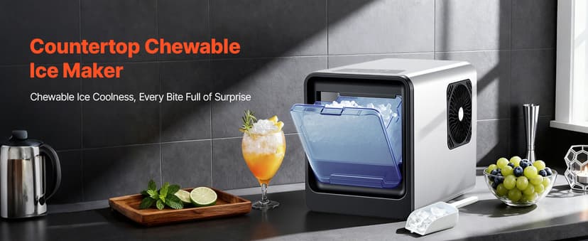 VEVOR Countertop Ice Maker, 33 lbs per Day, Self-Cleaning Portable Machine with Scoop, Drawer-Style Ice Access, Nugget Ice-Making Machine with Chewable ICES for Home, Kitchen, Office, Bar & Party
