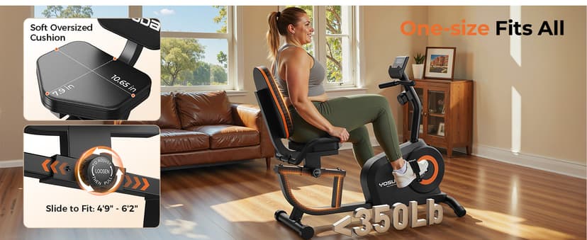 YOSUDA Recumbent Exercise Bike for Home,Magnetic Staionary Bike for Seniors/Adults with Adjustable Seat, 350LB Capacity, 16-level Resistance, LCD Monitor & Pulse Sensors