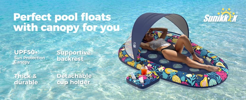Sunikko X 3-in-1 Pool Floats with Canopy Cup Holder, Tanning Pool Large 73" x 48" Float Adult Heavy Duty, Inflatable Lounger Raft Floating Chair with Backrest, Swimming Pool Lake Beach Party