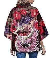 LAI MENG FIVE CATS Women's Floral Print Puff Sleeve Loose Blouse Japanese Kimono Cover up Casual Cute Tops