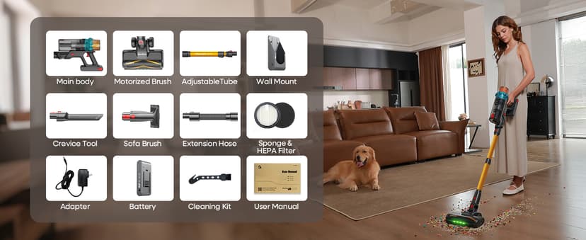 ElecKeys Cordless Vacuum Cleaner, 600W 50KPA 70Mins Self-Standing Vacuum Cleaners for Home, Stick Vacuum with Touch Screen, Upgraded Anti-Tangled Vacuum Cordless for Pet Hair, Floors, Carpets, Gold