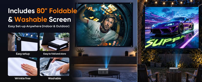 TMY Mini Projector, Upgraded Bluetooth Projector with Screen, 1080P Full HD Portable Projector, Movie Projector Compatible with TV Stick Smartphone/HDMI/USB, indoor & outdoor use