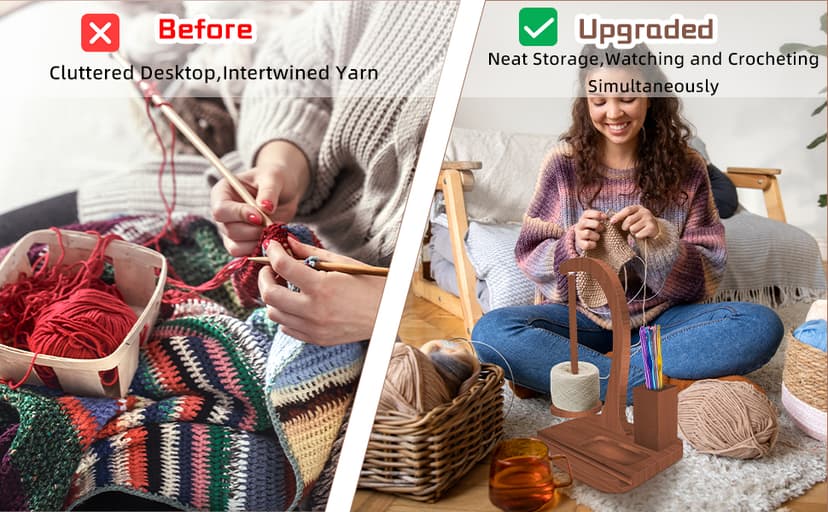 Upgraded Yarn Holder for Crocheting,Wooden Crochet Yarn Holder Magnetic Rotation Yarn Spinner with Crochet Accessories Storage and Phone Stand,Yarn Ball Holder Crochet Gift for Knitting Lovers