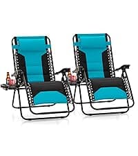 Sophia & William Oversized Zero Gravity Chair Set of 2 Padded, Folding Lounge Chair with Wide Armrest and Cup Holder, Support 400 LBS, Aqua Blue