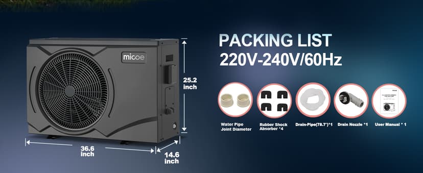 MICOE 35000 BTU Pool Heater for Above Ground Pool and Inground Pool up to 24ft (11/18/24ft) / 12000 Gallons, Inverter Electric Swimming Pool Heat Pump, Heating and Cooling Mode
