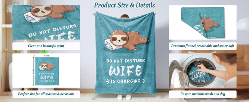 Wife is Charging Sloth Blanket 60" x 50", Cyan, Christmas Mothers Day Birthday Gift for Wifey from Husband Leebbsin Funny Gifts for Wife, Anniversary Wedding Gifts for Wife B0DNMFTB5W
