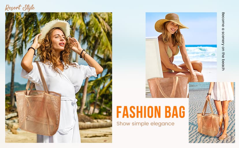 HOHOM Beach Bags for Women, Summer Travel Mesh Tote Bag with Large Inner Pocket, Sandproof Woven Shoulder Handbag