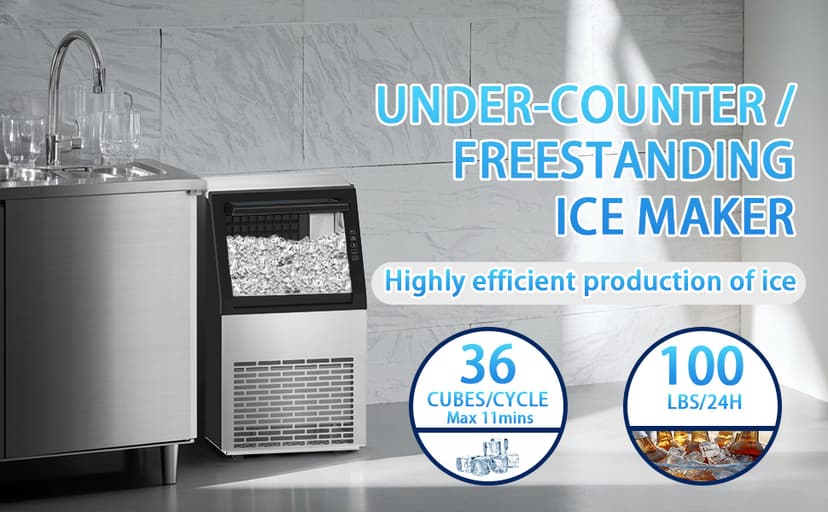 Commercial Ice Machine, 100LBS/Day Stainless Steel Freestanding Large Ice Maker, 36 Cubes in 11Mins, 24H Timer, Self-Cleaning, Ideal for Restaurant, Bars, Home and Offices