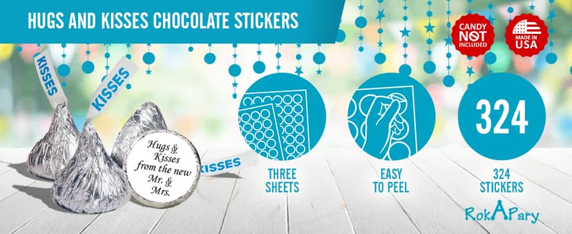 324 Hugs and Kisses from The New Mr. & Mrs. Kiss Wedding Stickers, Chocolate Drops Labels Stickers for Weddings, Bridal Shower Engagement Party Decorations, Kisses Favors Decor. Made in USA