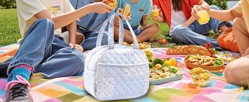 WOBAGMEN Quilted Lunch Box for Women,Lunch Box for Teen Girls,Cute Floral Lunch Bags for Work, School,Office,Picnic,Travel (green blue pin)