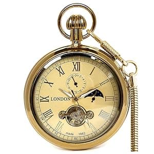 VIGOROSO Men's Vintage Full Copper Hand-Wind Mechanical Second&24hours Sub-dials Pocket Watch in Box