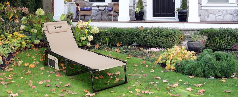 VILLEY Oversized Chaise Lounge Chair, Heavy-Duty Folding Outdoor Lounge Chair with 5 Adjustable Positions, Portable Trifold Beach Lounger for Patio, Beach, Lawn, Backyard, Camping – Beige