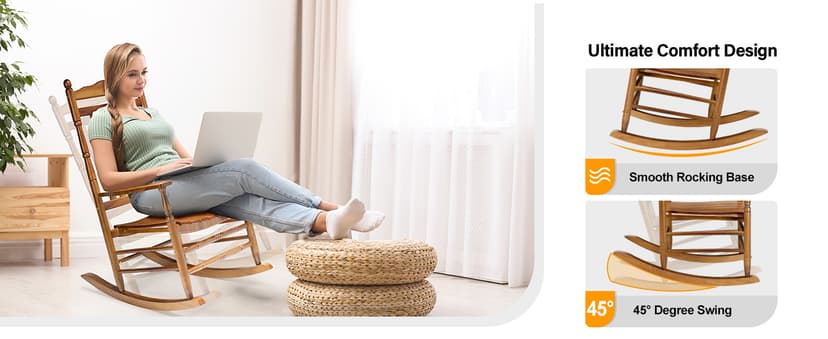 VINGLI Wooden Rocking Chair, Outdoor Chair with 450 lbs Support, Relaxing Rocker with Solid Wood High Back Seat Reclining Seat for Deck, Garden, Backyard, Porch, Indoor or Outdoor Use (Teak, 1PC)