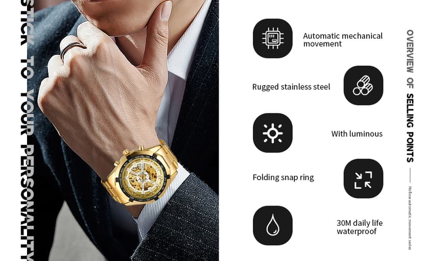 FANMIS Classic Mens Skeleton Automatic Mechanical Watches Luxury Carving Flower Craft Watch with Stainless Steel Waterproof Bracelet Wrist Watch