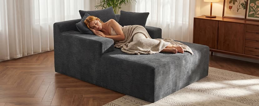 66" Chaise Lounge Chair Indoor, Oversized Boneless Lounge Chair with 3 Pillows, Corduroy Cloud Reading Chair for Living Room Bedroom, Deep Seat Sleeper Couch, No Assembly Required