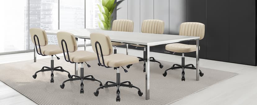 Sweetcrispy Small Office Desk Chair - Armless PU Leather with Comfy Lumbar Support, Height Adjustable Rolling Swivel Task for No Arms, for Adult, Student, Bedroom, Home, Vanity, Beige White