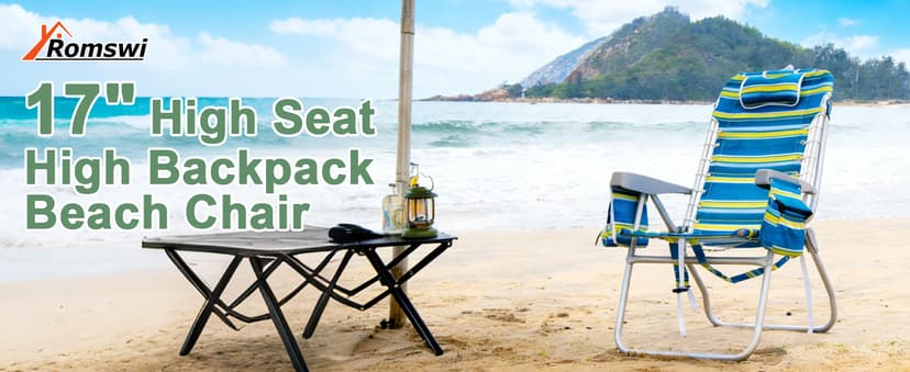 Romswi Tall Beach Chair Extra Wide for Adults, 17" High Seat Backpack Beach Chair with Cooler Bag, Cup & Phone Holder, 5-Position High Back Reclining Chair with Towel Bar & Zipper Pocket, Blue Stripes