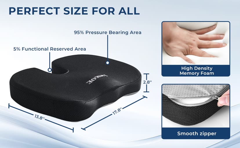 Gel Memory Foam Layer Wheelchair Cushion - Wheelchair Office Chair, Kitchen Chair, Car Seat - Pressure Pain and Tailbone Pain Relief - High Density Foam Base (Black)