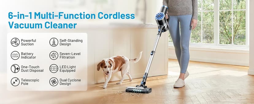 Cordless Vacuum Cleaner with Self-Standing, LED Screen Stick Vacuum Cleaners for Home, Lightweight Powerful Suction Vacuum, 6-in-1 Rechargeable Vacuum for Carpets, Pet Hair, Hardwood Floors