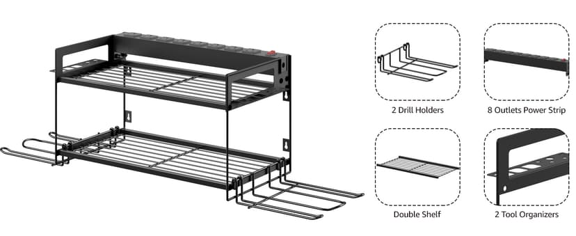 CCCEI Garage Tools Storage with Charging Station. Power Tool Battery Organizer Utility Shelf with Power Strip. 4 Drills Holder Wall Mount Rack, Black.