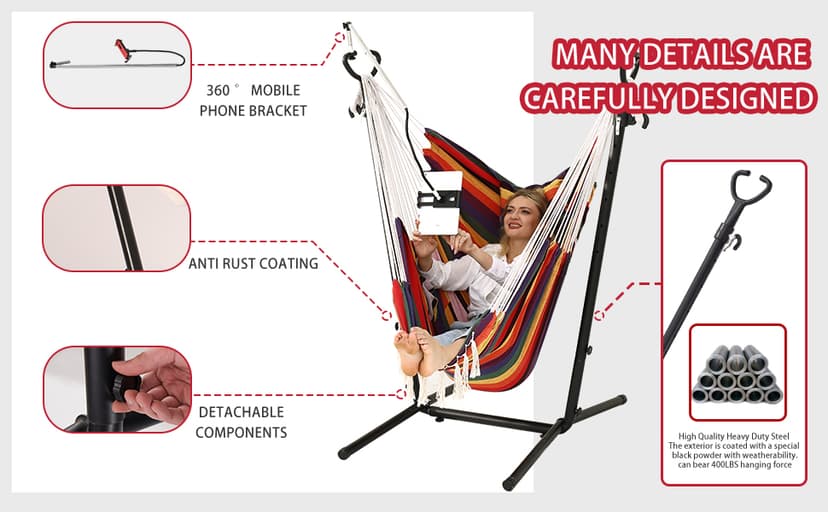 ZEYU Hammock Chair with Stand Double Hammock Chair Bohemian Style with Tassel Mobile Phone Support Manual Adjustable Swing Indoor and Outdoor Garden Porch with Floor mat Reclining Capacity 400 pounds