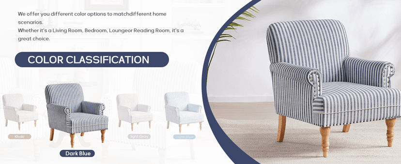HUIMO Linen Fabric Accent Chair, Mid-Century Modern Armchair with Solid Wood Legs, Single Sofa Chair,Upholstered Reading Club Chair (1, Dark Blue and White Stripe)