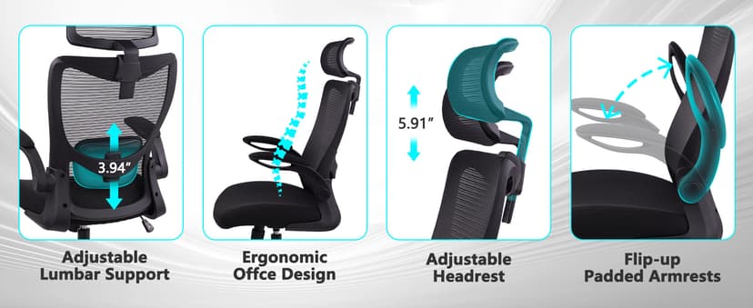 CLATINA Heavy Duty Ergonomic Mesh Office Chair 400LBS, Big and Tall Desk Chair with Adjustable Lumbar Support & Headrest, Flip Up Padded Arms, Swivel Computer Chair for Home, Study, Conference, Black