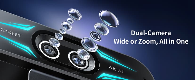 EMEET C60E Dual-Camera 4K Webcam for Streaming, Wide-Angle and Telephoto Cameras, Max 11X Hybrid Zoom & PDAF Autofocus, Remote Control, RGB Lighting, 2 Mics, Ideal for Livestreaming and Online Meeting