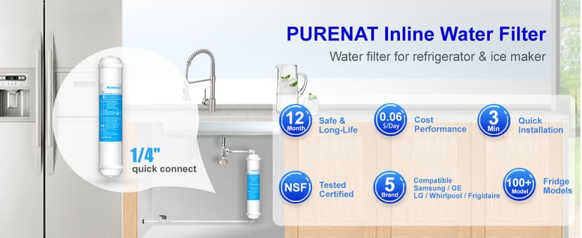 Inline Water Filter for Refrigerator and Ice Maker(2 Pack),1/4" Push Connect Post Carbon Filter Replacement for Reverse Osmosis Water System,Include 1/4" Water Line and Quick Connect Fittings