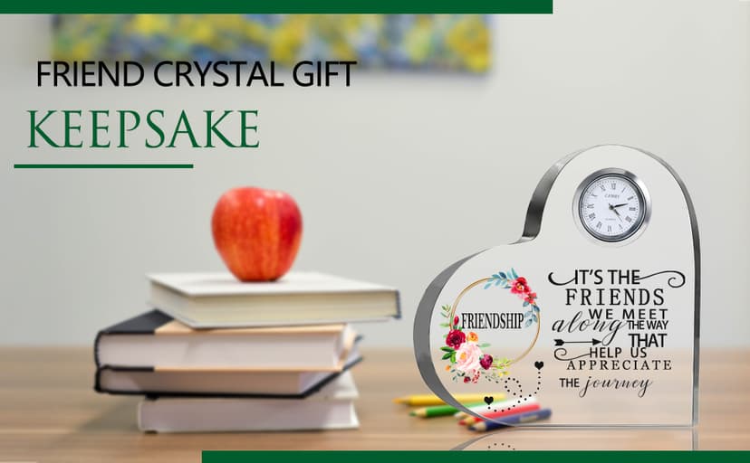 Movdyka Friendship Gifts for Women Friends Crystal Heart 5.9Inch Large Flower Glass with Clock Unique Best Gifts for Women Her Friend Plaque Birthday Gift Idea for Friend Female Presents