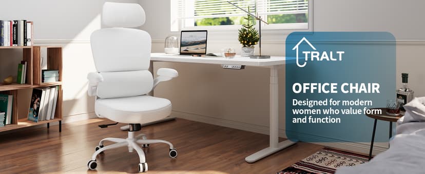 TRALT Ergonomic Office Chair - Desk Chair with Adjustable Headrest Lumbar Support Computer Chair - Mesh Comfy Chair with Flip-up Armrests - Gaming Chairs for Adults Home Office (Leather, White)