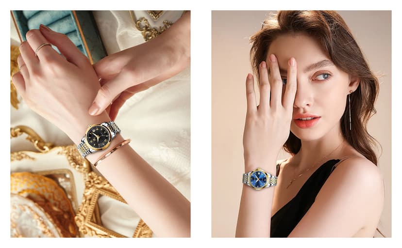 OLEVS Womens Automatic Watches Gold Classic Diamond Ladies Self Winding Mechanical Two Tone Stainless Steel Wrist Watch Date