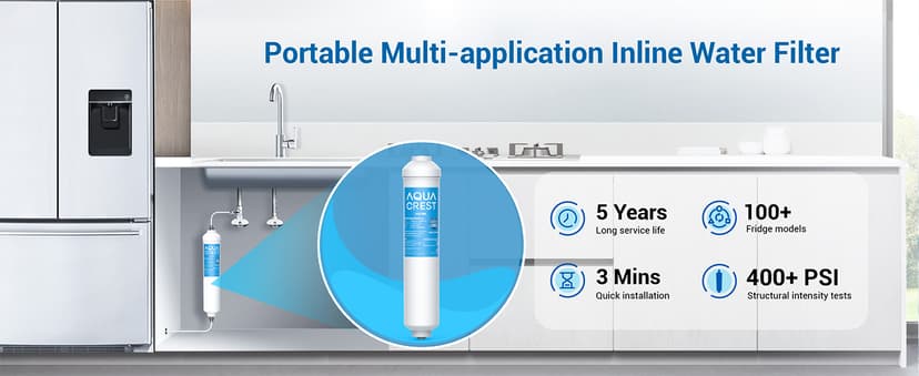 AQUA CREST INL 5 Years Inline Water Filter for Ice Maker with 1/4-Inch Direct Connect Fittings, Idea for Ice Maker, Refrigerator, RV, Inline Refrigerator Water Filter Reduces Chlorine, Taste& Odor