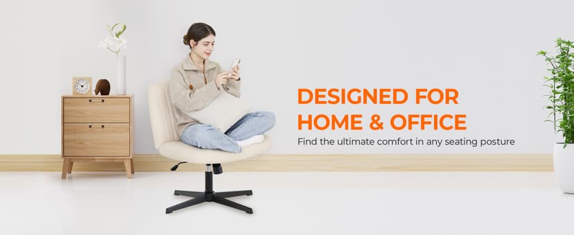 Orange Factory Criss Cross Chair No Wheel Wide Cross Legged Office Desk Vanity Chair Comfy Fabric Armless Adjustable Swivel for Home Computer Task (Beige No Wheel, Classic Fabric)