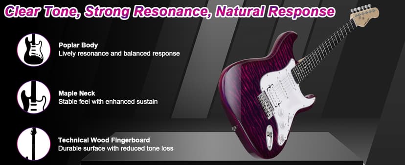 UST-200 Beginner Electric Guitar Kit HSS Pickup, Versatile 5-Way Switch for Clean to High-Gain Tone, Full-Size ST Style Guitar for Starter & Intermediate Players, Gig Bag, Digital Tuner Purple
